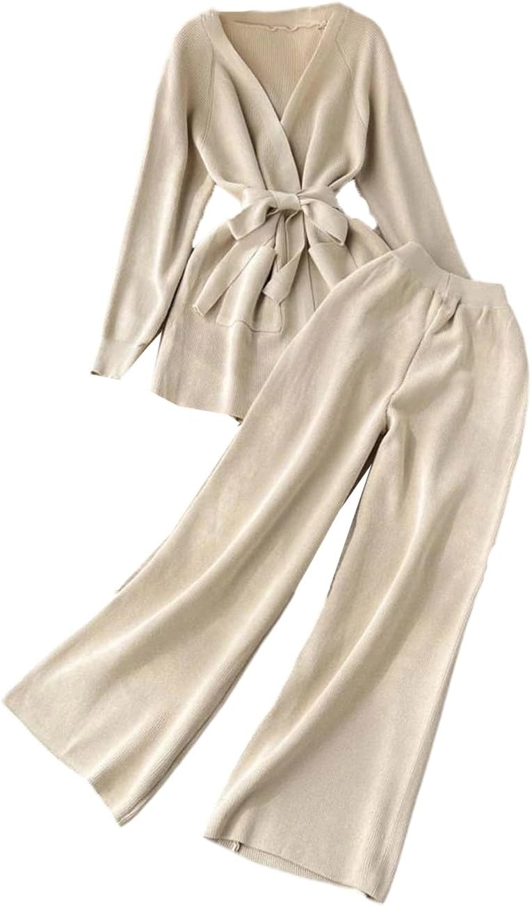 レディース 冬用カーディガン セーター トップス 長袖 ルーズフィット ワイドレッグパンツ カジュアルニット 2ピースセット