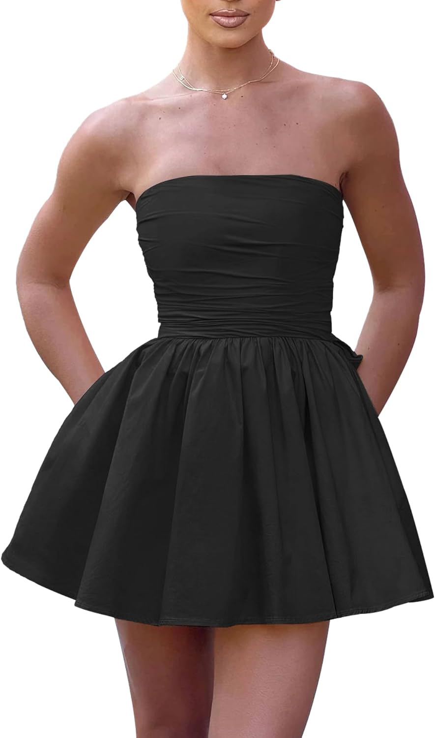 LuFeng Women's Strapless Mini Dress Ruched Sleeveless Off Shoulder A-Line Pleated Short Dress with Oversized Bow - Image 2