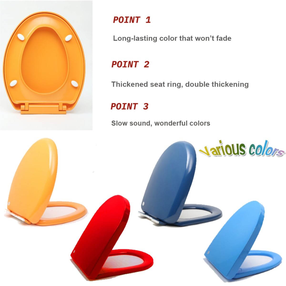 Toilettensitz aus PP-Kunststoff in Farbe, langsam schließend, leise/sanft schließende Toilettensitze, länglicher Toilettensitz, doppelt dickes Design, leicht zu entfernen, leicht zu reinigen (Color :