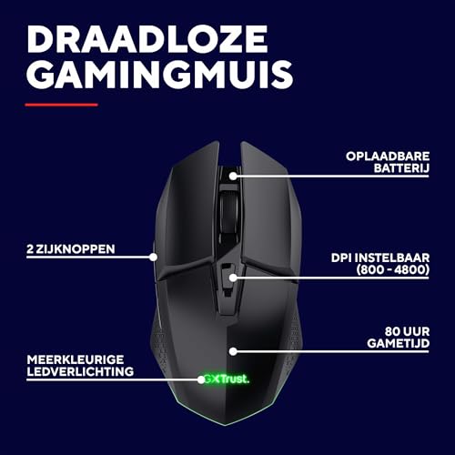 GXTrust 1108 Vylax Oplaadbare Draadloze Gaming Muis, 80 Uren Batterijduur, 800-4800 DPI, LED Verlichting, Opbergbare USB Receiver, 6 Knoppen, RGB Gaming Mouse voor Laptop Computer PC, Zwart - Afbeelding 3