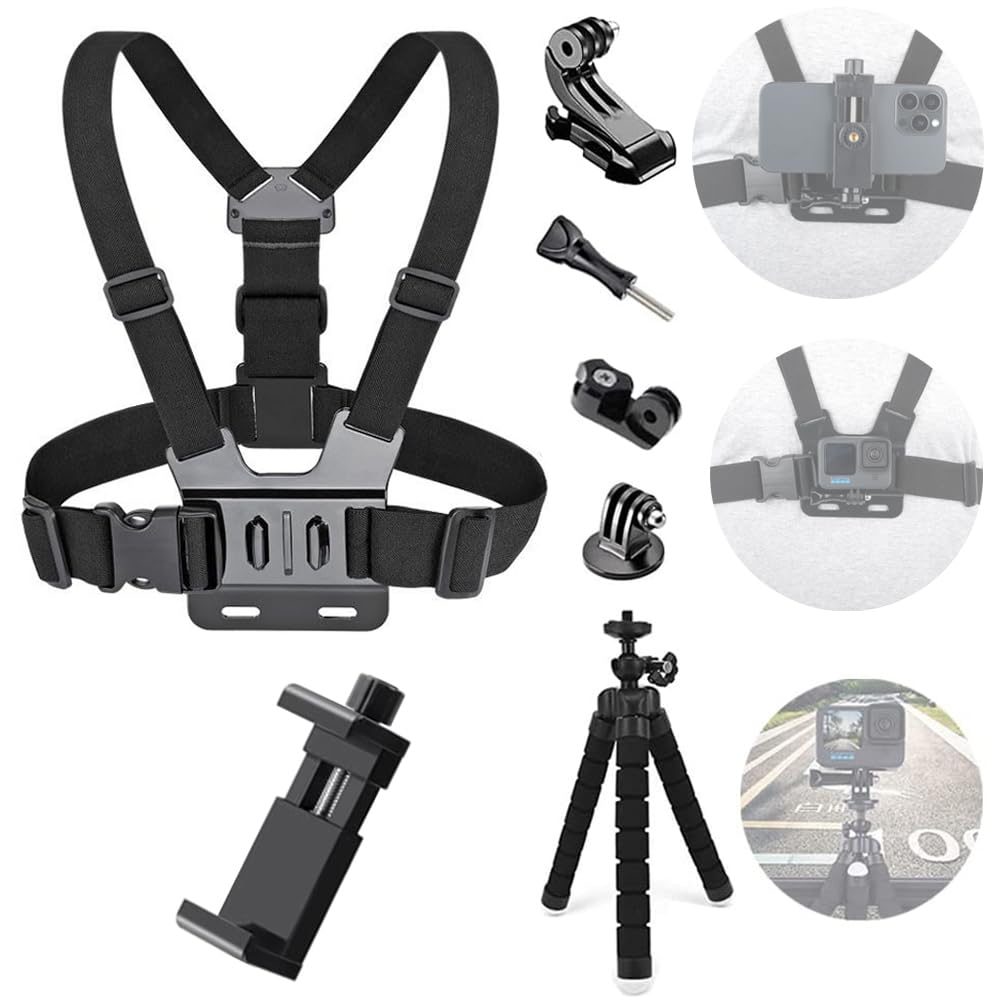 Arnés de Pecho Ajustable, Soporte Movil Pecho + Trípode Portátil, Soporte de Pecho de Teléfono Móvil para dji, Gopro, Otras Cámaras de Acción y Teléfonos