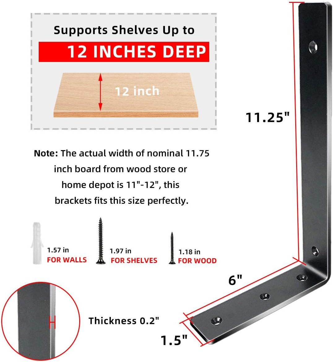 One-Day Sale: Up to 60% Off Black Shelf Brackets 12 Inch Heavy Duty Metal Shelf Supports Holders, Rustic Decorative Iron L Angle Brackets for Shelves Wall Mounted (6 Pack)