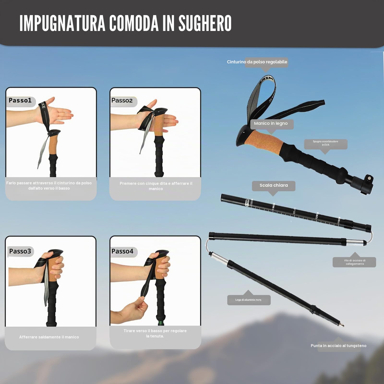 HUINING Bastone da trekking con manico in sughero, pieghevole, telescopico, bastoni da nordic walking per uomo e donna, bastoni da trekking, ultraleggeri in alluminio con molti accessori, 115