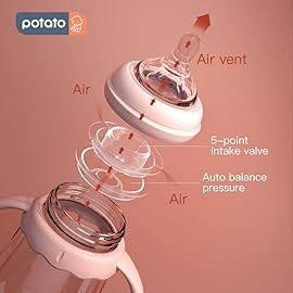 POTATO Glass Baby Bottles, Anti-Colic Breastfeeding Bottles with Medium Flow Nipple, Suitable for Babies 3-6 Months, 2 Replaceable Nipples, 6 oz, Pink