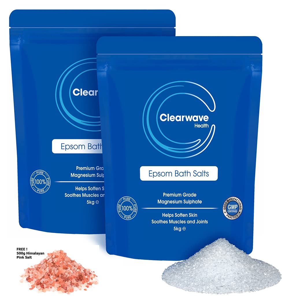 Epsom Salt 10kg Resealable Pouch - 2X 5kg Epsom Salts for Bath Including 500g Himalayan Salt by Clearwave Health