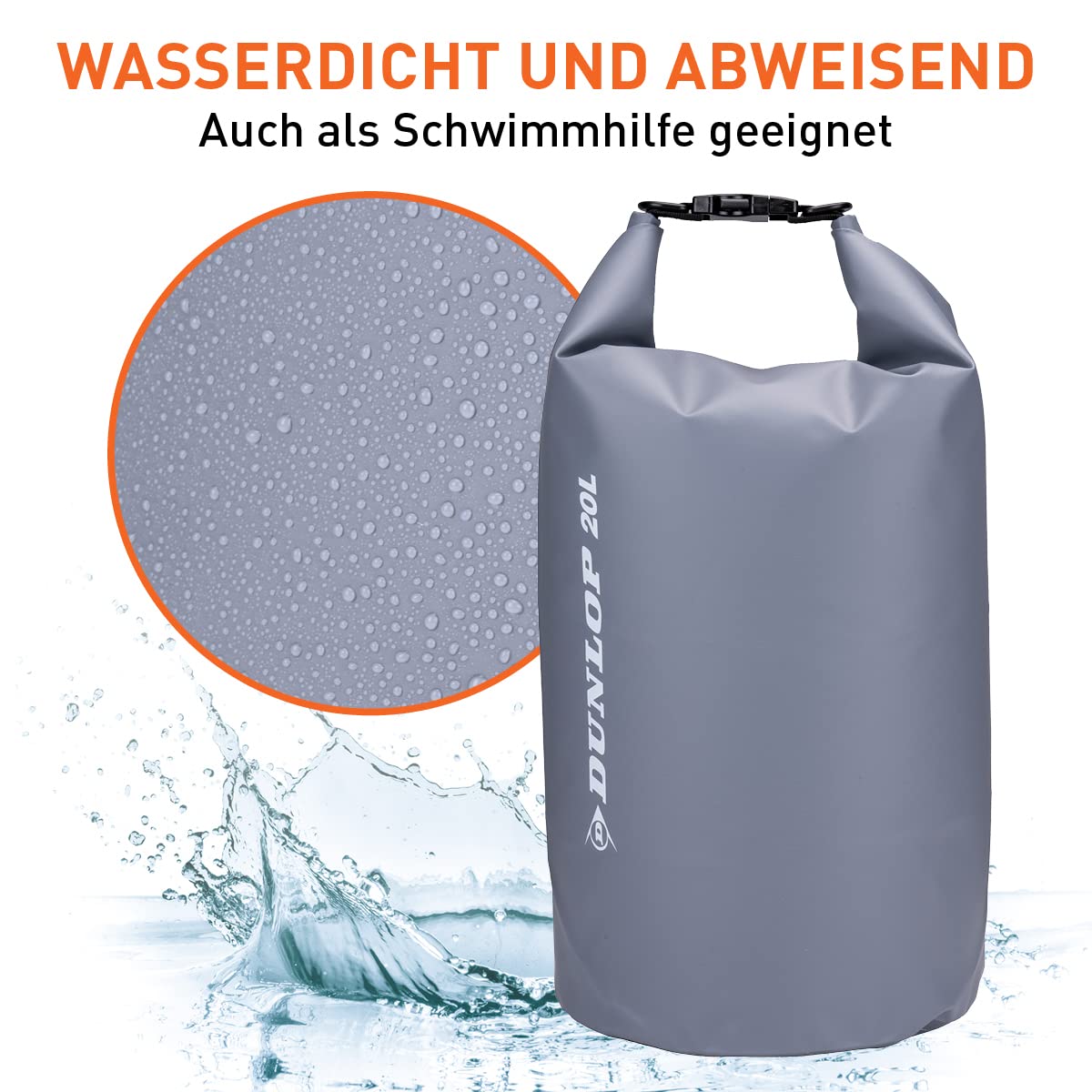 Dunlop Dry Bag – wodoszczelna torba – 20 l – plecak wodoszczelny, worek marynarski, worek podróżny, worek na wodę, szary, szary, drybag 20l