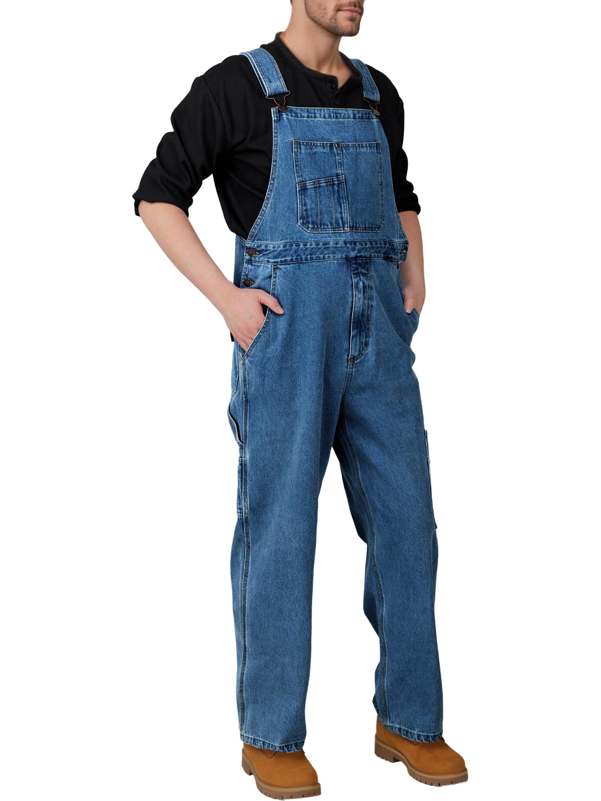 WORK IDEA Men's Denim Bib Overalls, Heavy Duty Cotton, Multi-Pocket Design with Hammer Loop for Carpenter