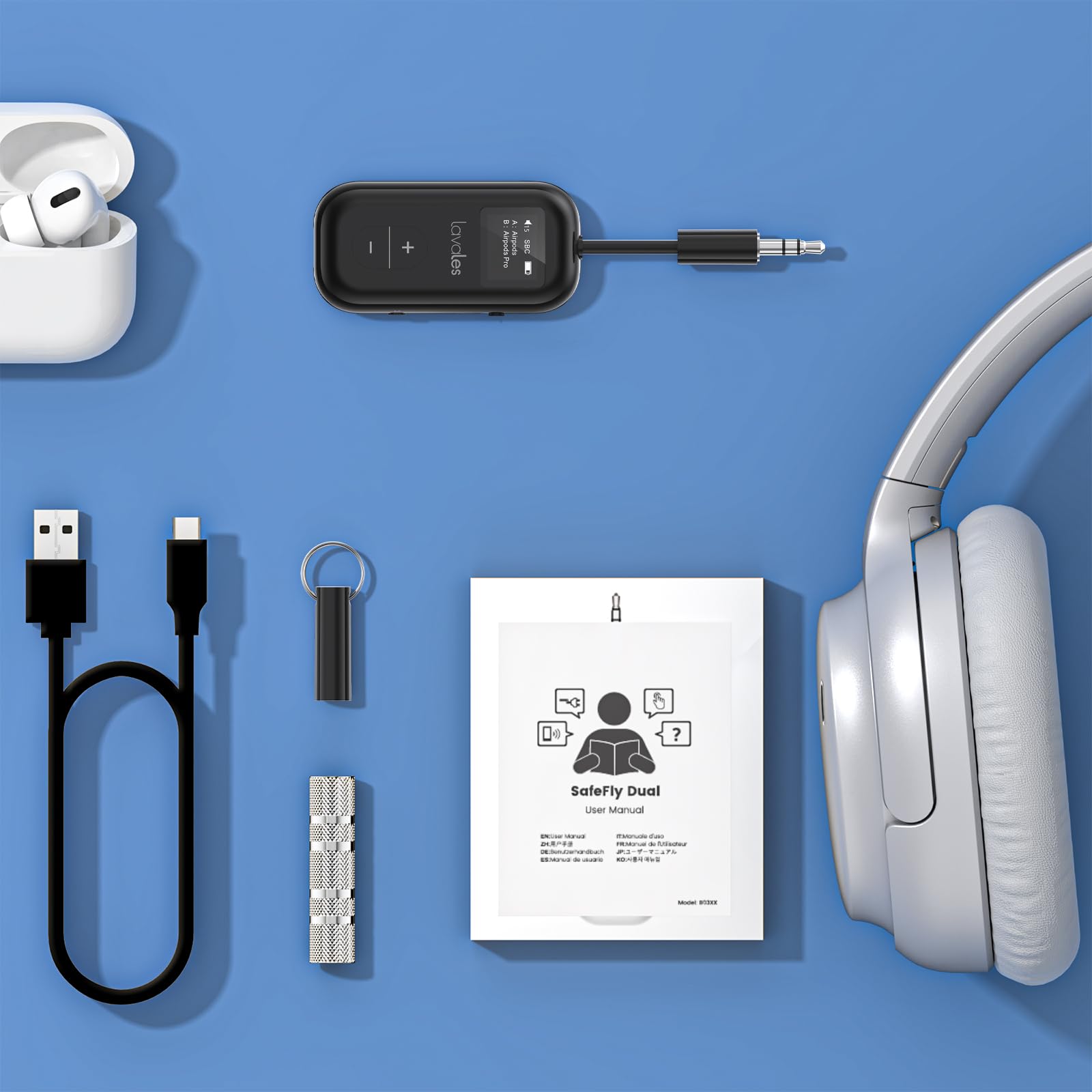 Trasmettitore Bluetooth 5.3 per Airpods/cuffie, adattatore aptX Low Latency/Adaptive, 25 ore di riproduzione, splitter audio AUX 3,5 mm