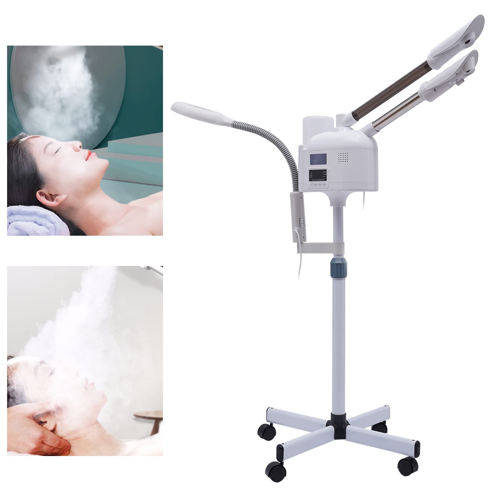 Vaporizador facial 3 en 1, vaporizador de ozono con luz LED y lupa, boquilla caliente y fría, salón de belleza, sauna facial, limpiador de poros, humidificador