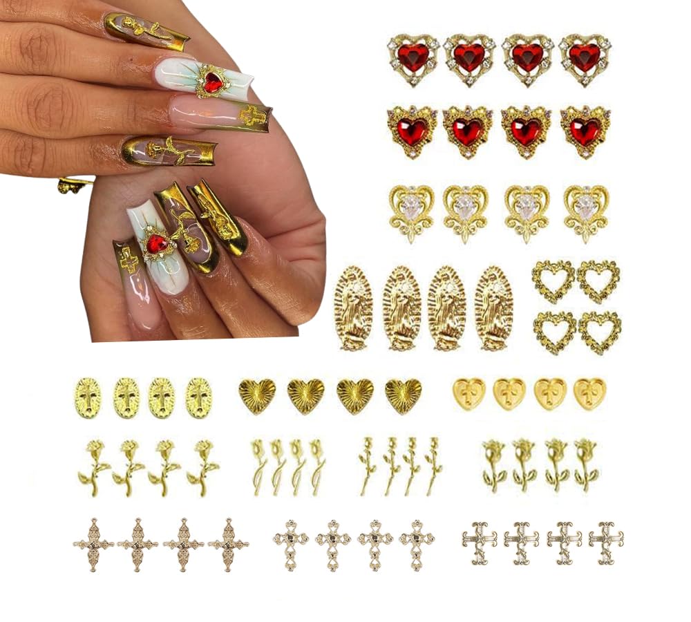 HDKHTWL 60PCS Gold Nail Charms,Y2K 3D Nail Charms Decorations for Acrylic Nails Decoration Metal Nail Supplies for Women and Girls Nail Decorations