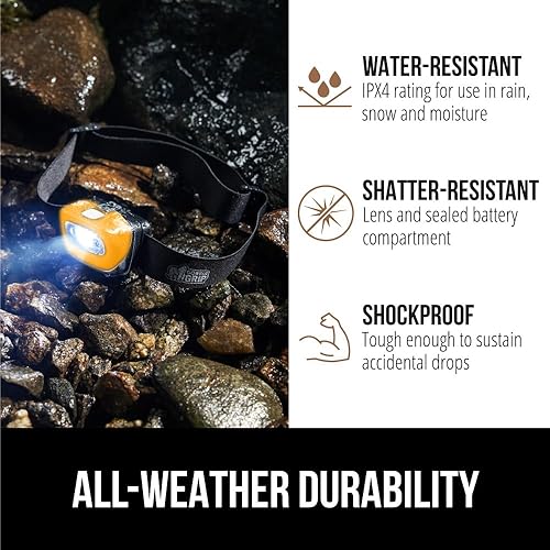 Miniatura 5 de GORILLA GRIP Lámpara de cabeza LED ultra brillante de alto lúmenes, 7 modos de luz, resistente al agua, IPX4, diadema ajustable, funciona con pilas,