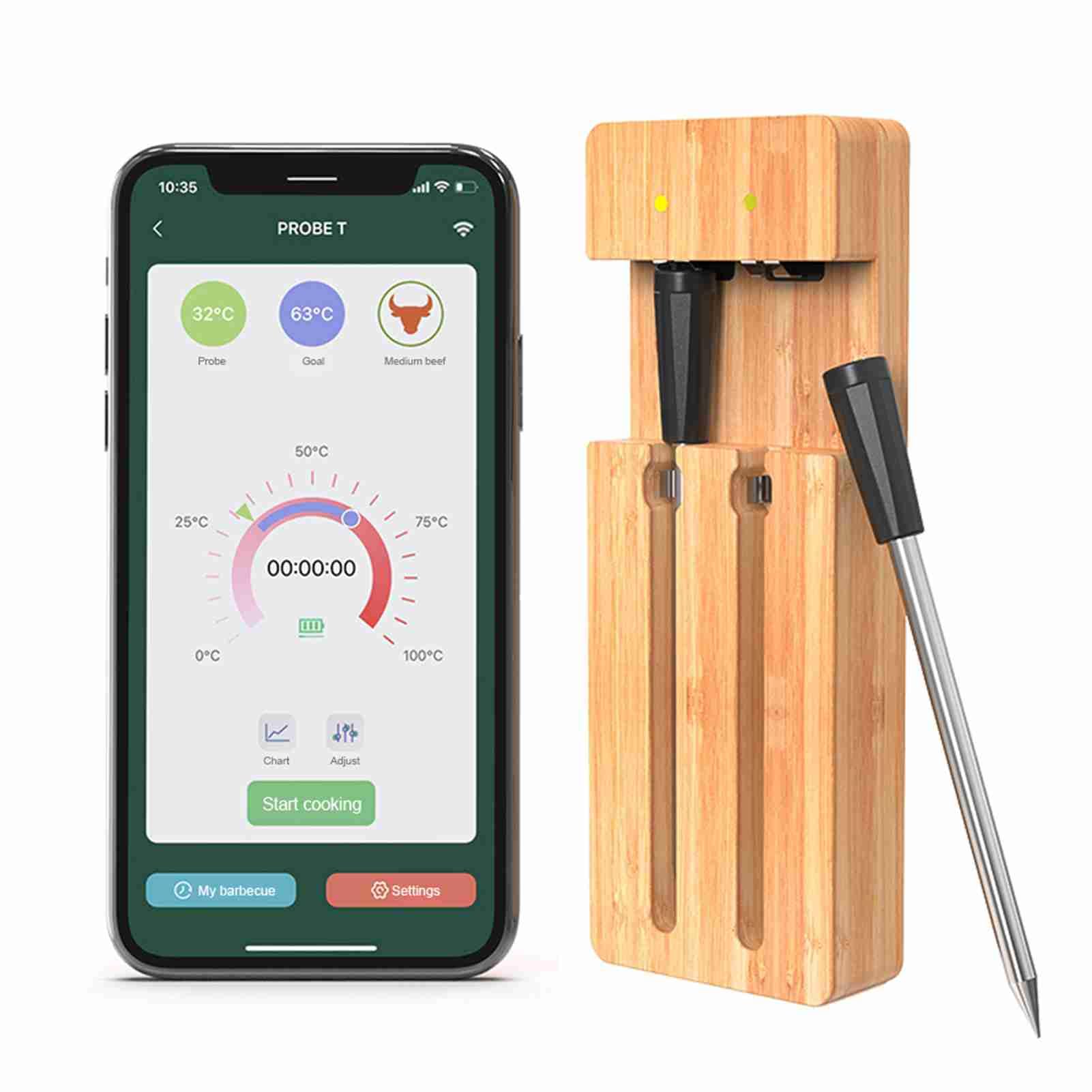 Domary Termometro per Carne Wireless Intelligente con Design Impermeabile IPX7 e Misurazione Rapida per Grigliate All'aperto, 2 Sonde