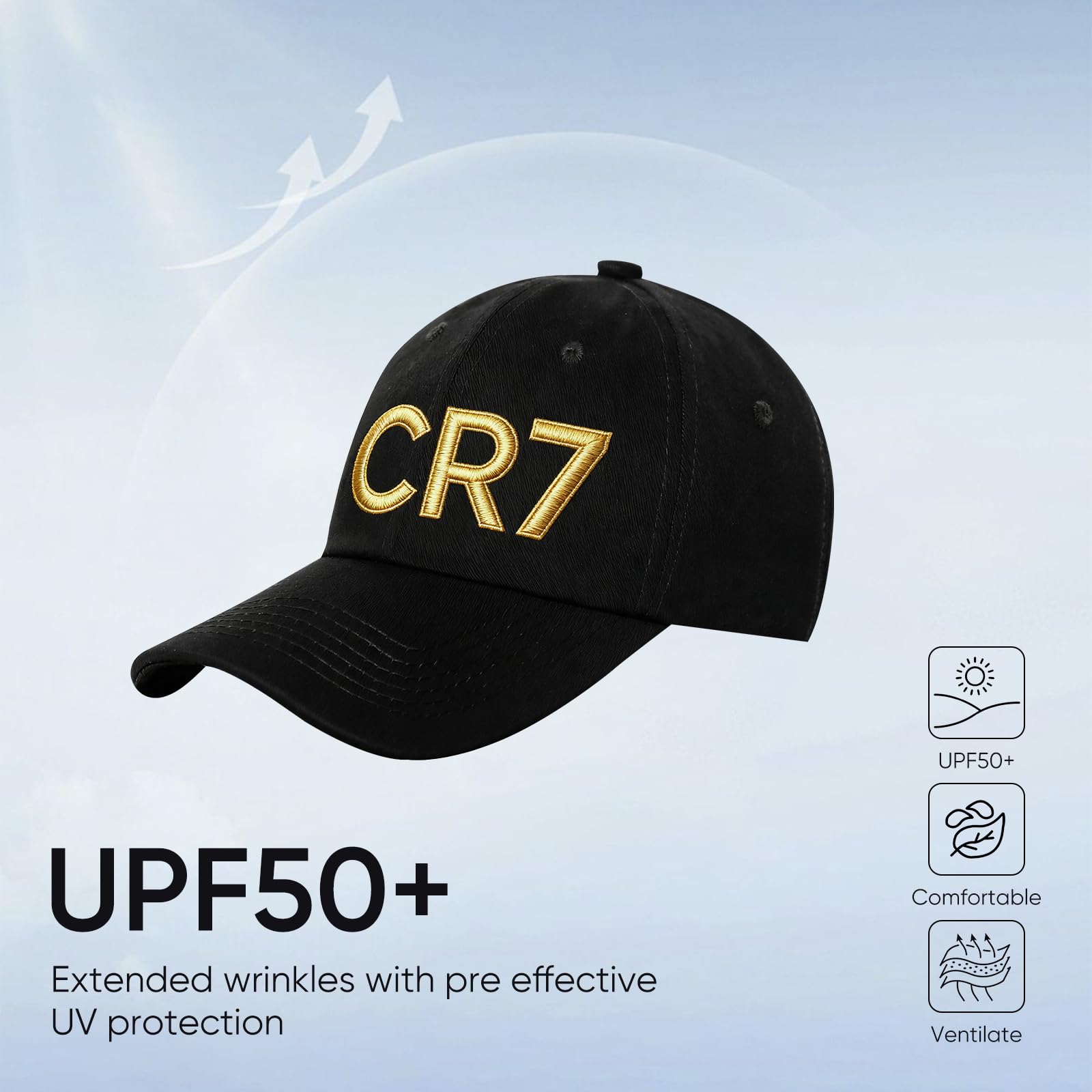 CR 7 Cappellino Bambino Uomo Nero con Emblema 3D Oro Regolabile + Bracciale C R 7 + Collana C R 7 - Set di fan di calcio per ragazzi, fan di Cristiano Ronaldoo