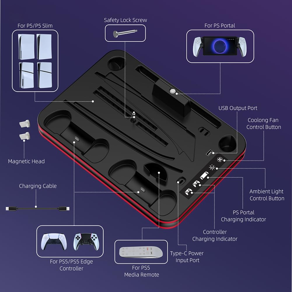 Dock di ricarica for controller JUCHRZEY con luce RGB for stazione di raffreddamento del portale PS5 for PS5/PS5 Slim Disc e digitale (B)