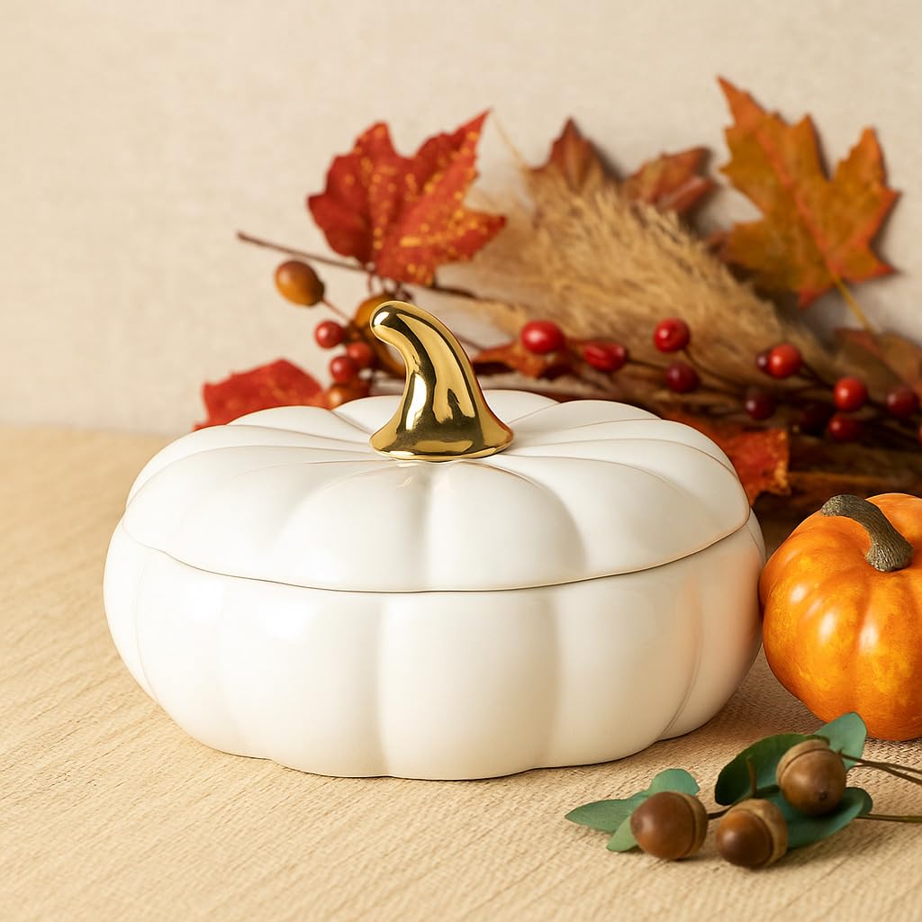 New Elegant White Ceramic Pumpkin Candle with Gold Stem Lid – Luxury Scented Autumn Centerpiece and Seasonal Accent for Fall, Halloween, and Thanksgiving Home Décor – A45