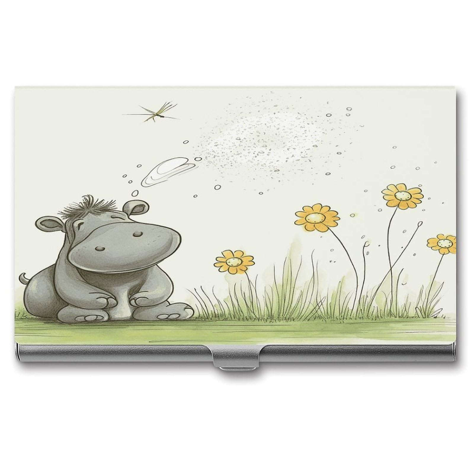 JTREHY Hippo And Dandelion Business Card Holder Slim Purse Name Card Holder Portable Metal Business Card Case Wallet Large Capacity Lightweight Business Card Case for Men Women