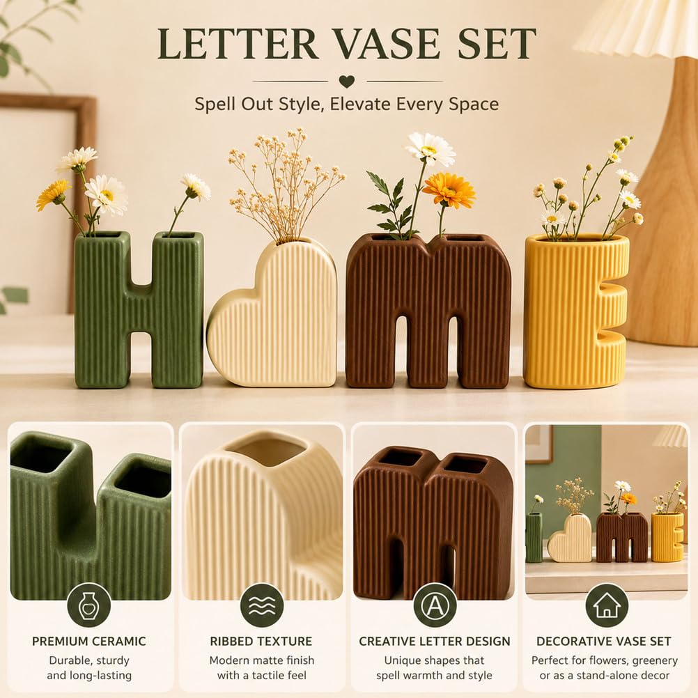 Keramik Deko Vasen 4er Set Home Form Moderne Blumenvasen | Boho Nordisch Wohnzimmer Couchtisch Regal Büro Eingangsbereich Bauernhaus Tischdeko Wohnaccessoire Dekorativ Minimalistisch