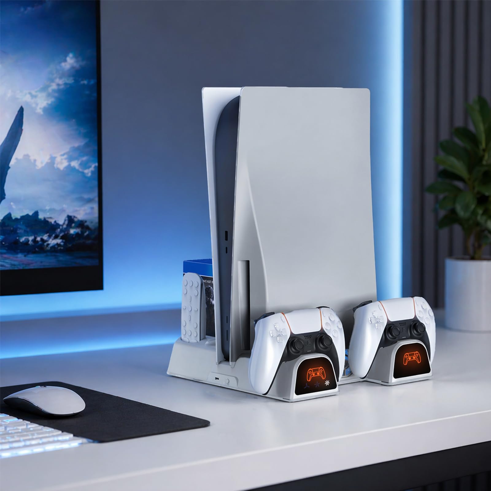 Stazione di raffreddamento per PS5/Slim/Pro/Disc e digitale, supporto di raffreddamento bianco con stazione di ricarica doppio controller PS5, ventola di raffreddamento a 3 livelli, slot multifunzione