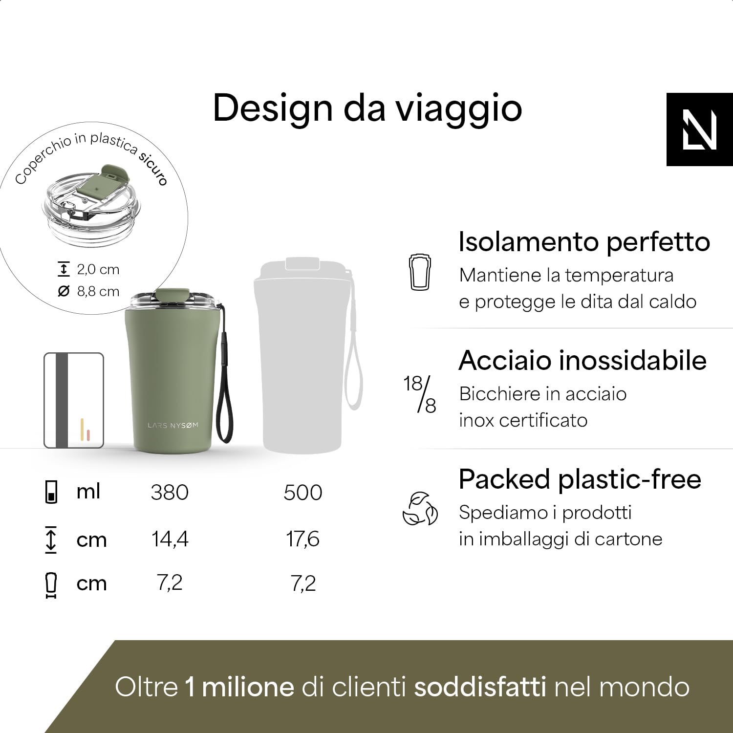 LARS NYSØM Tazza Termica per caffè Thermo Coffee Mug-to-Go con Cinturino & Coperchio in Tritan 380ml | Tazza da Viaggio 0,38 Litri con Isolamento | Per caffè e tè (Sage Green, 380ml)