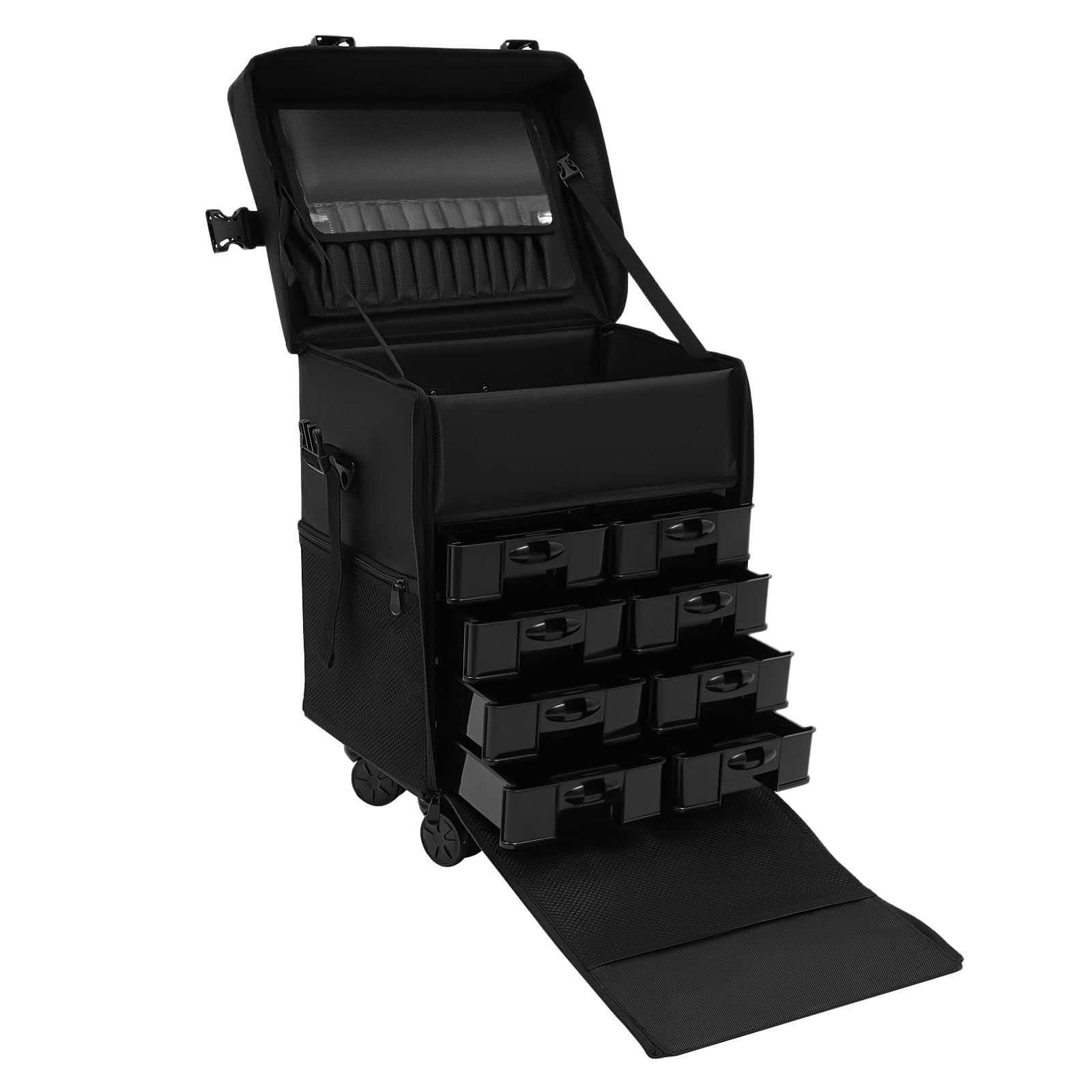 Beauty Case 2 in 1 Professionale Con 8 Cassetti e Ruote, Valigetta per Il Trucco da Pilota, Trolley da Viaggio, Nero, Nylon