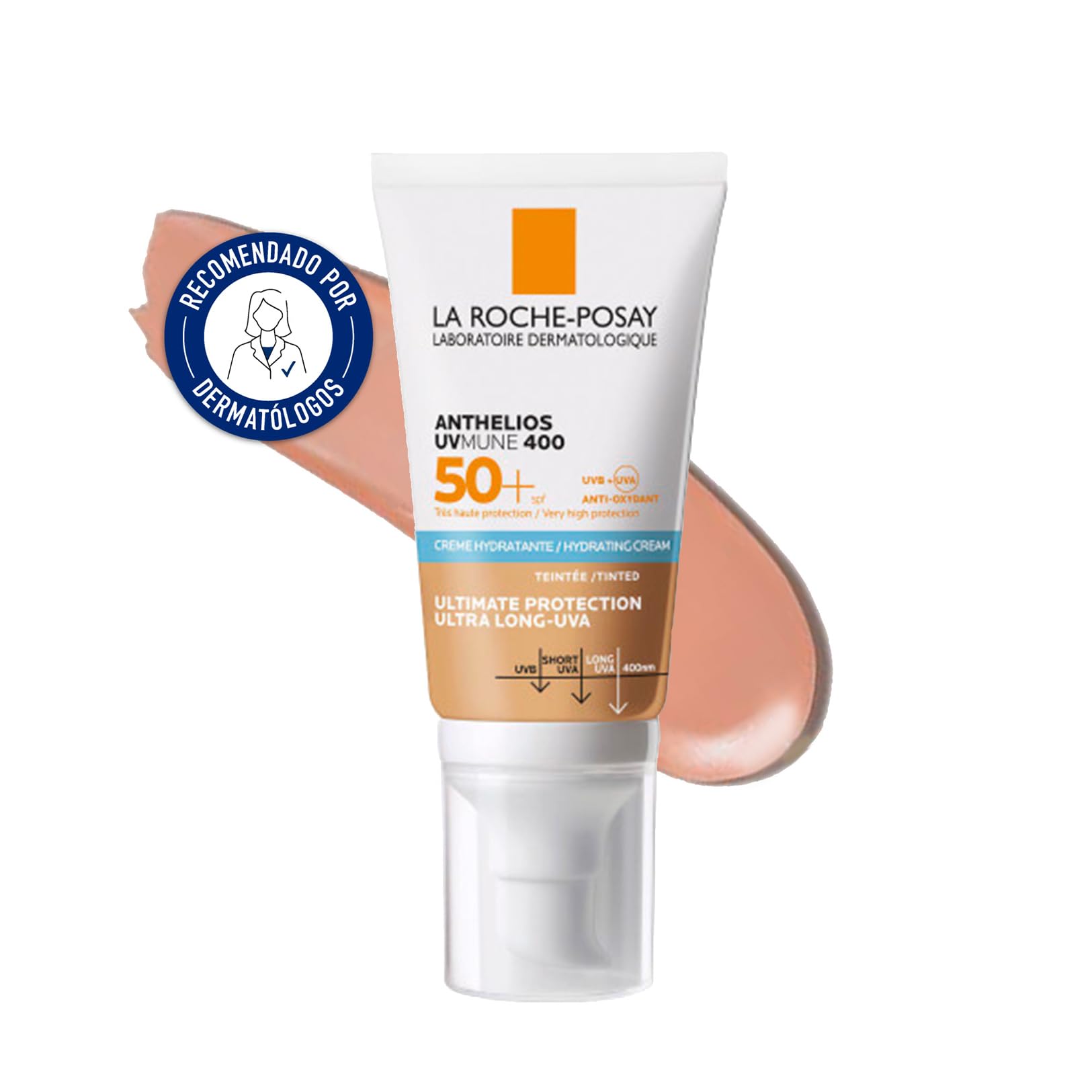 La Roche Posay Crema Hidratante SPF50+ con Color, Protección Alta, Resistente al Agua, Combate el Fotoenvejecimiento, Textura Ligera, Anthelios UV-MUNE 400, No perfumada, 50 ml
