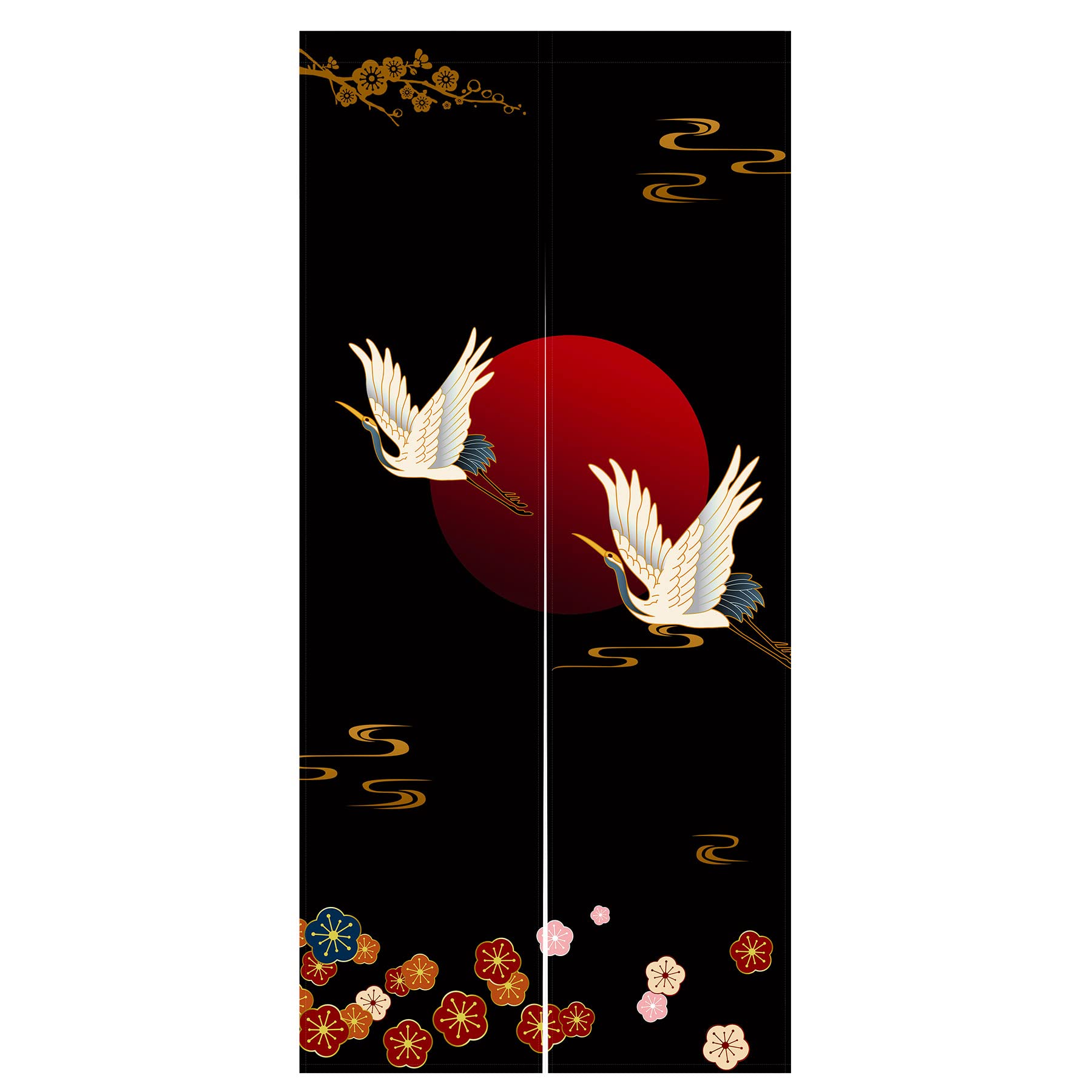 LIGICKY Noren Doorway Curtain Japanese Style White Cranes Red Sun Gold Colourful Cherryblossom Printed Cotton Linen Window Treatment Door Tapestry for