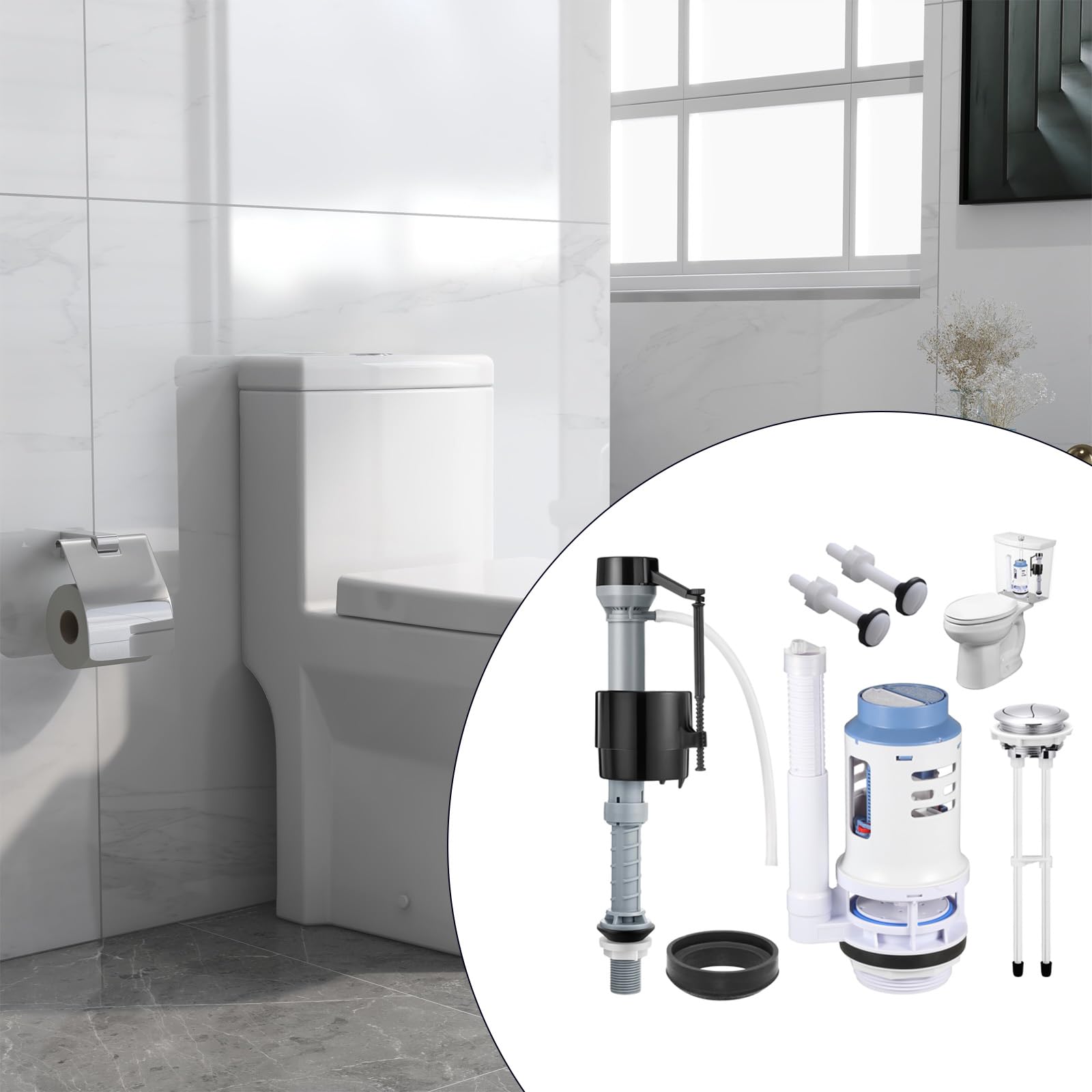 PANGBOER Juego Completo de reparación de contenedores de Agua para baño para mecanismos de Descarga de 3 Pulgadas, Incluye Todas Las Piezas necesarias, Mecanismo de Descarga silencioso para Inodoro