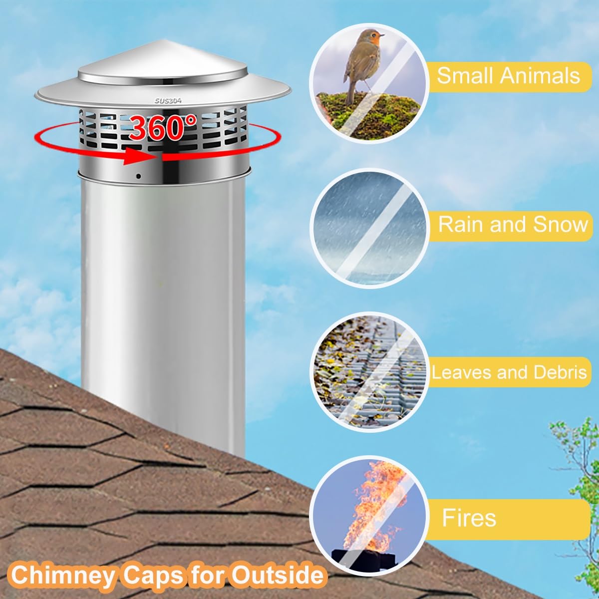 Sombrerete Chimenea de Acero Inoxidable 304, Tapa de lluvia para Techo Redondo Tapa de chimenea Chimeneas Tapa de Ventilación per chimenea, conducto de humos, Estufas de Madera(200mm-8")
