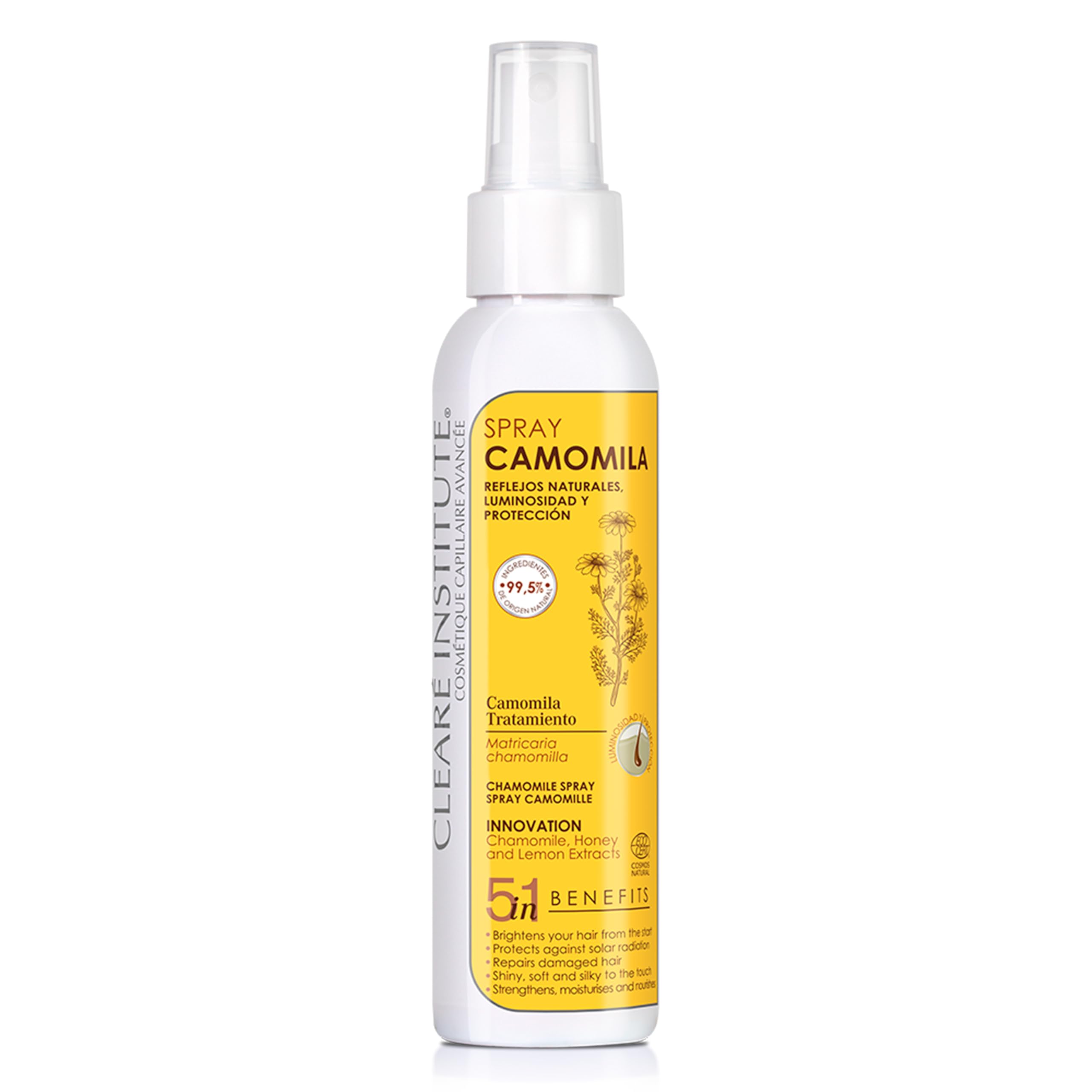 Clearé Institute | Spray Naturale alla Camomilla | Lozione Schiarente per Capelli | Schiarente e Protettore Solare | Riflessi Dorati | Adatto al Metodo Curly | 99% Ingredienti Naturali | 125 ml