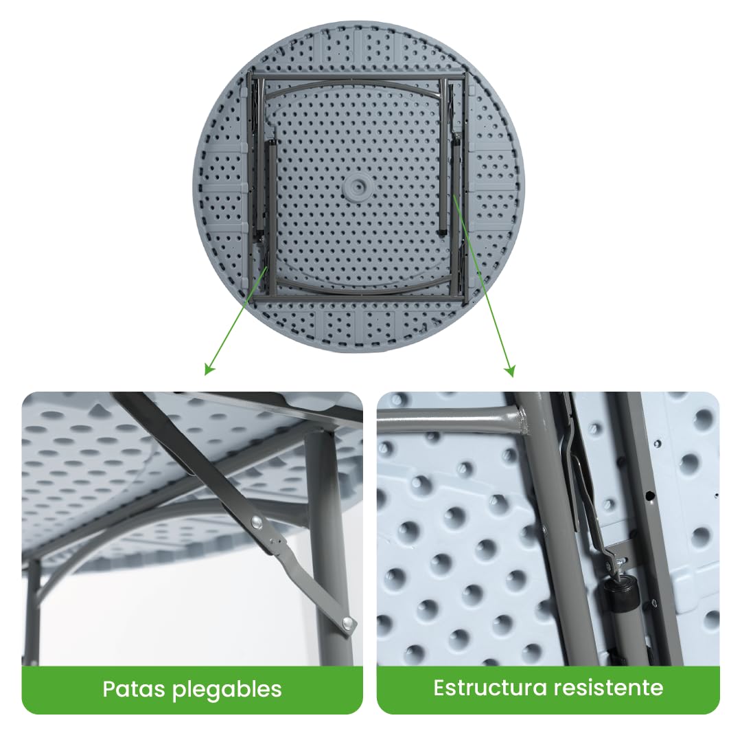 Mesa Redonda Grande Ø 150 cm con Patas Plegables Auxiliar de PVC de Exterior Ideal para Jardín, Comedor, Camping, Terraza, Cocina, Picnic, Catering, Restaurante y Hostelería.