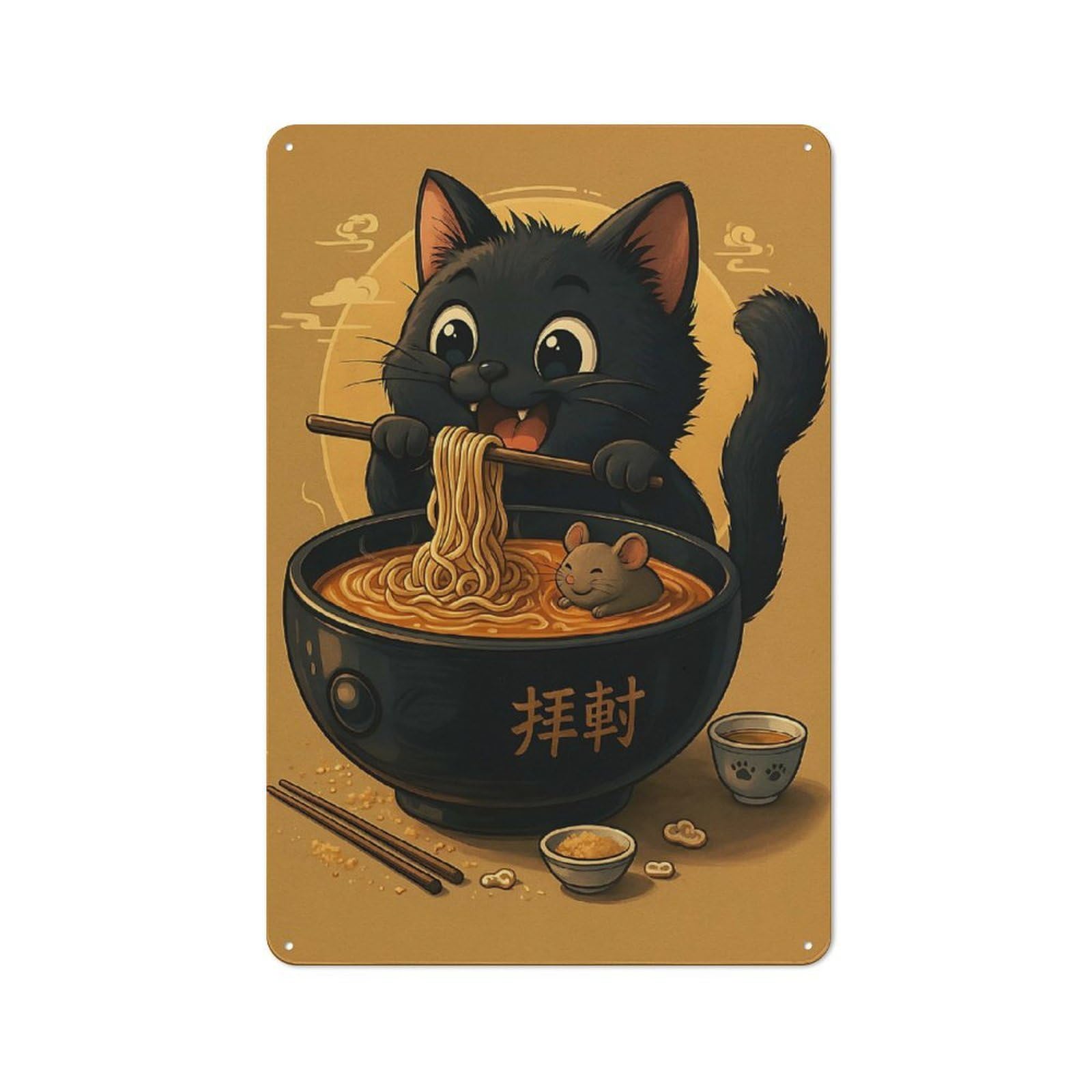 Junmoney Style-18 Cartoon Cat Eating Ramen With Mouse Retro Tin Wall Plaque 30X20cm For Guest Room Or Hallway, For Vintage Wall Decor Fans, For Themed Room Decoration