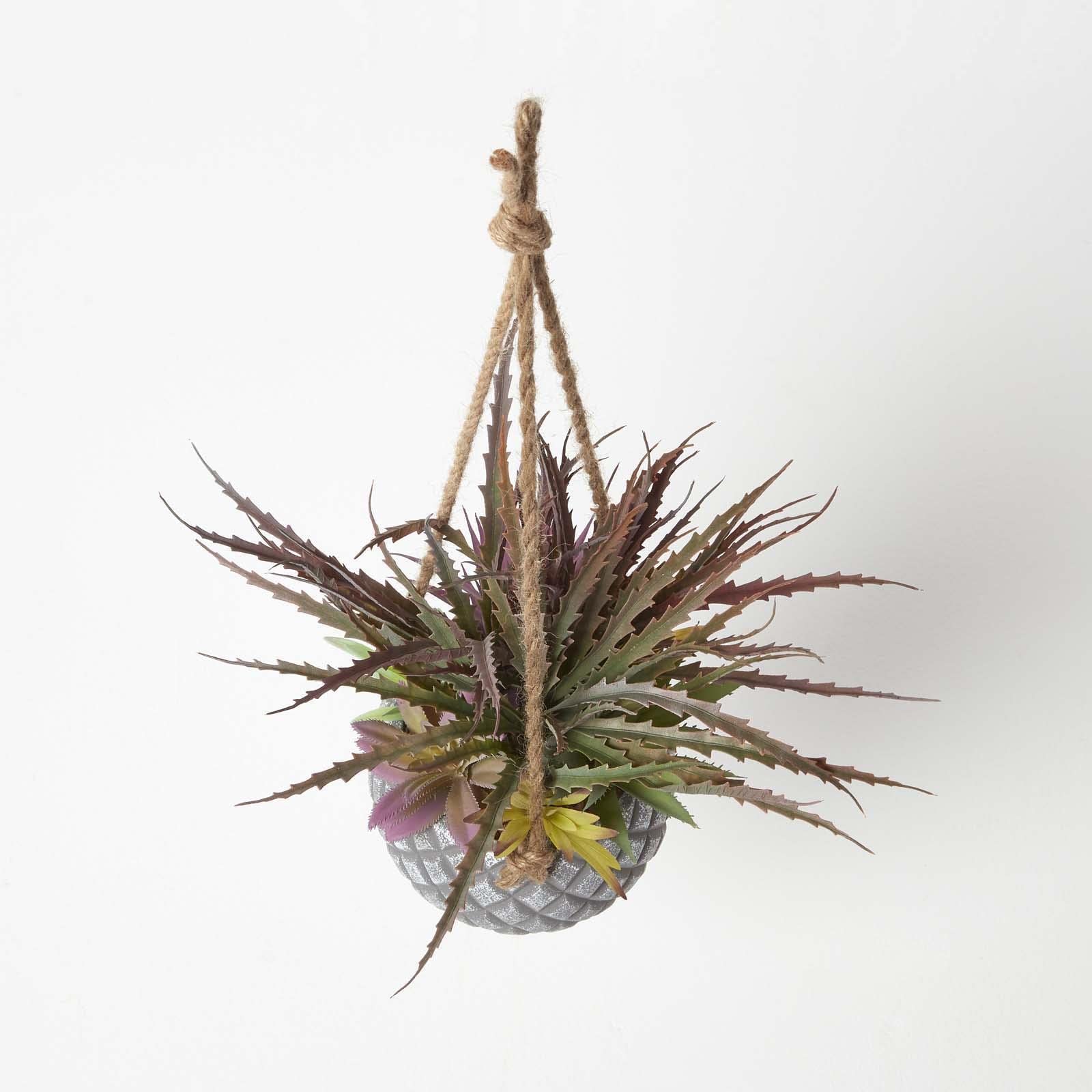 HOMESCAPES Plante grasse Artificielle à Suspendre, Plante Suspendue succulentes en Pot Gris