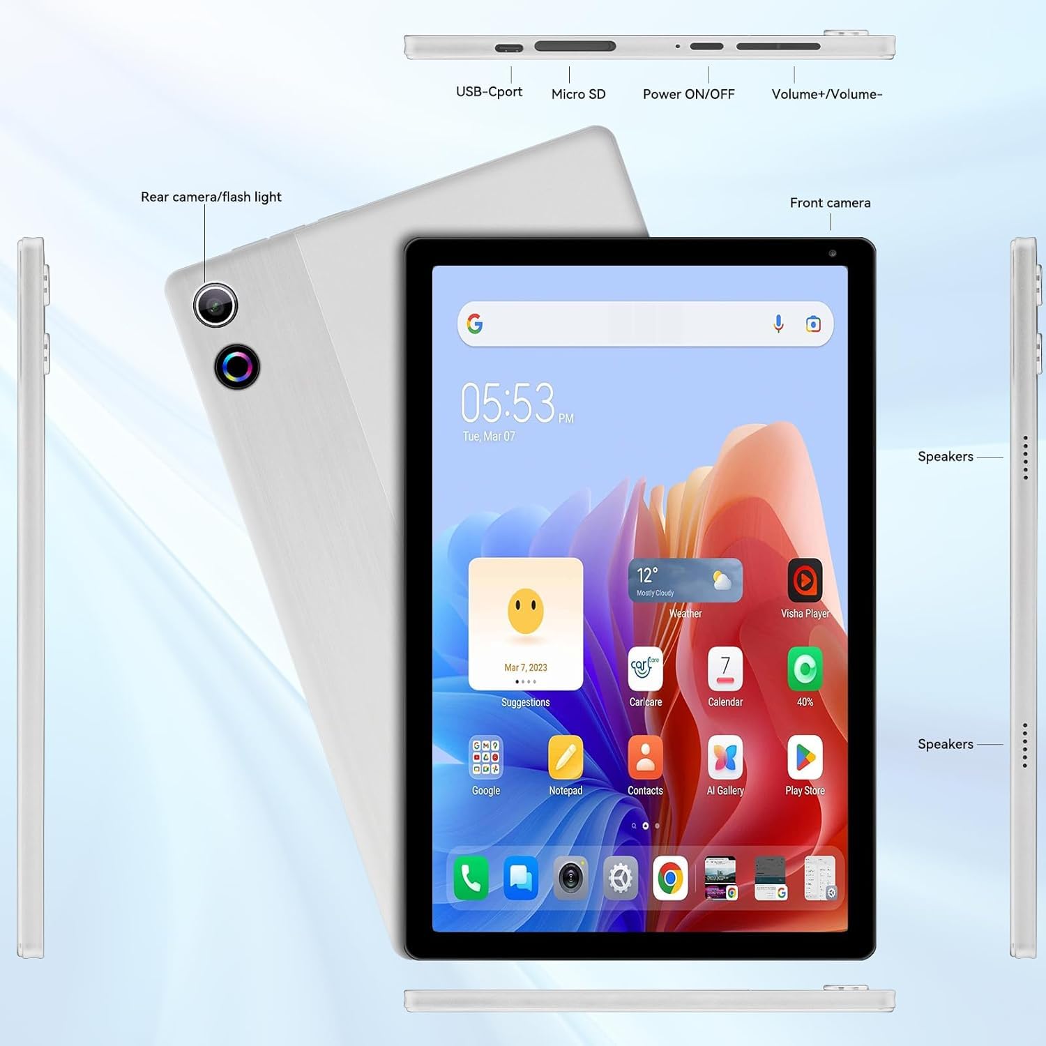 10 Inch Android 14 Tablet, 16GB RAM, 128GB ROM (Expandable to 1TB), Octa-Core Processor, 1280 * 800 IPS HD Touchscreen, 5G/2.4G WiFi, BT 5.0, Dual Camera, 2 Speaker (Silver) — view 6