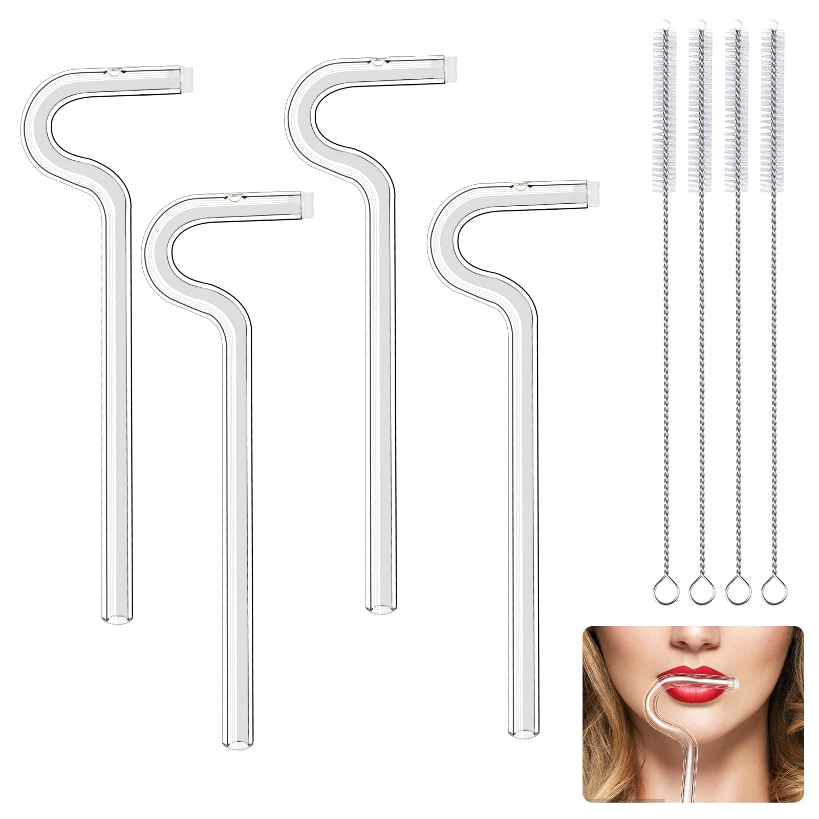 Anti-Wrinkle Straw Set of 4, Reusable Glass Drinking Straw Flute Style Design, Curved No Wrinkle Straws Prevent Wrinkles Sideways Straw For Engaging Lips Horizontally, Reusable Drinking Straws.