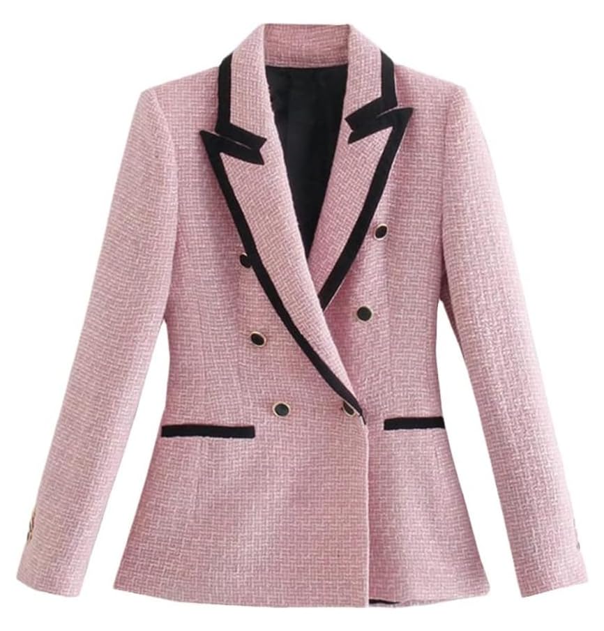 Vintage Tweed Blazer for Women Plaid Office Coat Chic Double Breasted Jacket