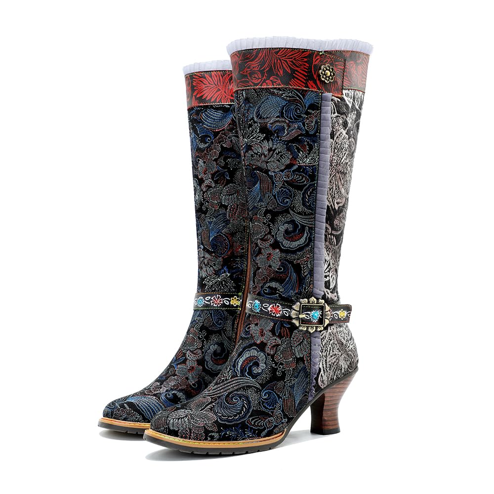 CrazycatZWomens Leather Bohemian High Boots Splicing Floral Block Heel Patterned Long Boots