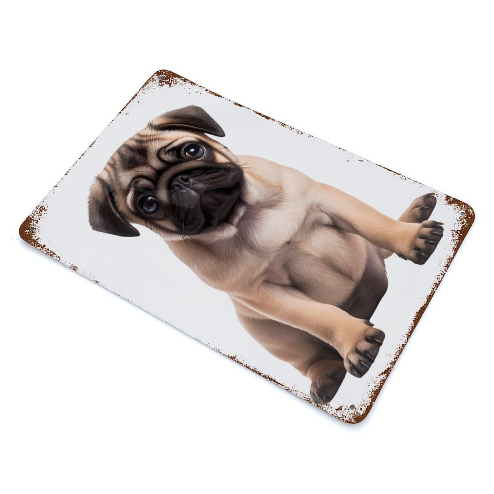 Weathered Tin Sign with Pug Design 11.8"x7.9", for Basement, Hobby Room And Garage Decor, Industrial Home Decor