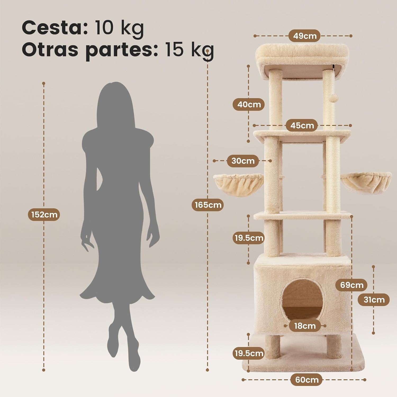 Gardner Pet Rascador para Gatos 165 cm-Beige | Poste de Sisal, 6 Niveles Ultra-Estable, Diseño Anti-Oscilante, Posaderos Superiores Lavables, Castillo para Gato