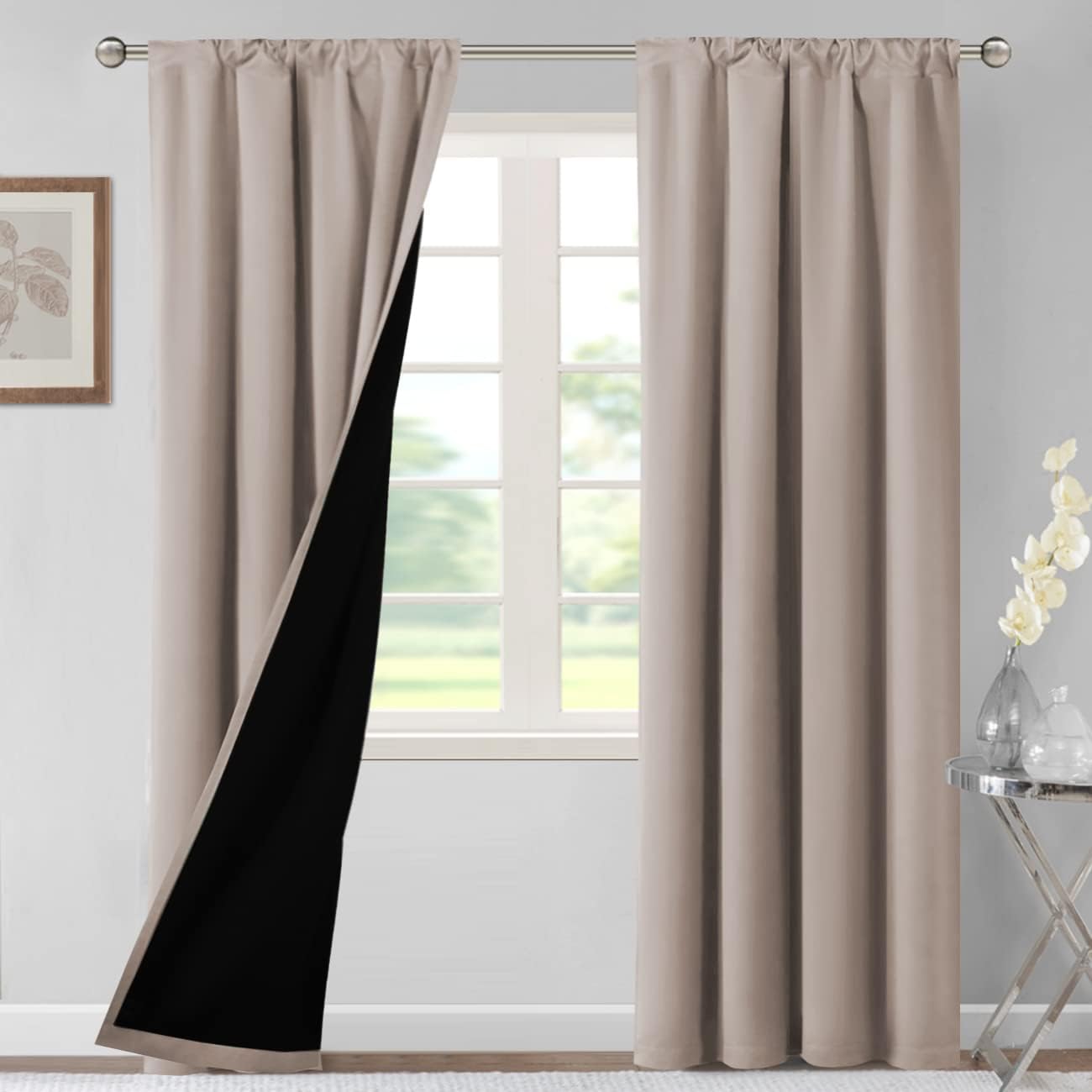 H.VERSAILTEX 100% Blackout Curtains for Bedroom 42 Inches Wide Thermal Insulated Blackout Curtains 84 Inches Long Rod Pocket Curtains for Living Room with Black Liner 2 Panels Set, Natural Sand