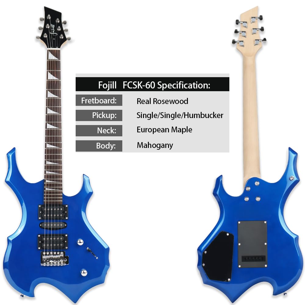 Fojill Coole Form E-Gitarren-Set, Anfänger-Starter-Kombi-Paket, 10 W Akku, Bluetooth-Verstärker, Zubehör, 600D-Gigbag, Plektren, Kabel, Gurt, zusätzliche Saiten (Metallic-Blau)