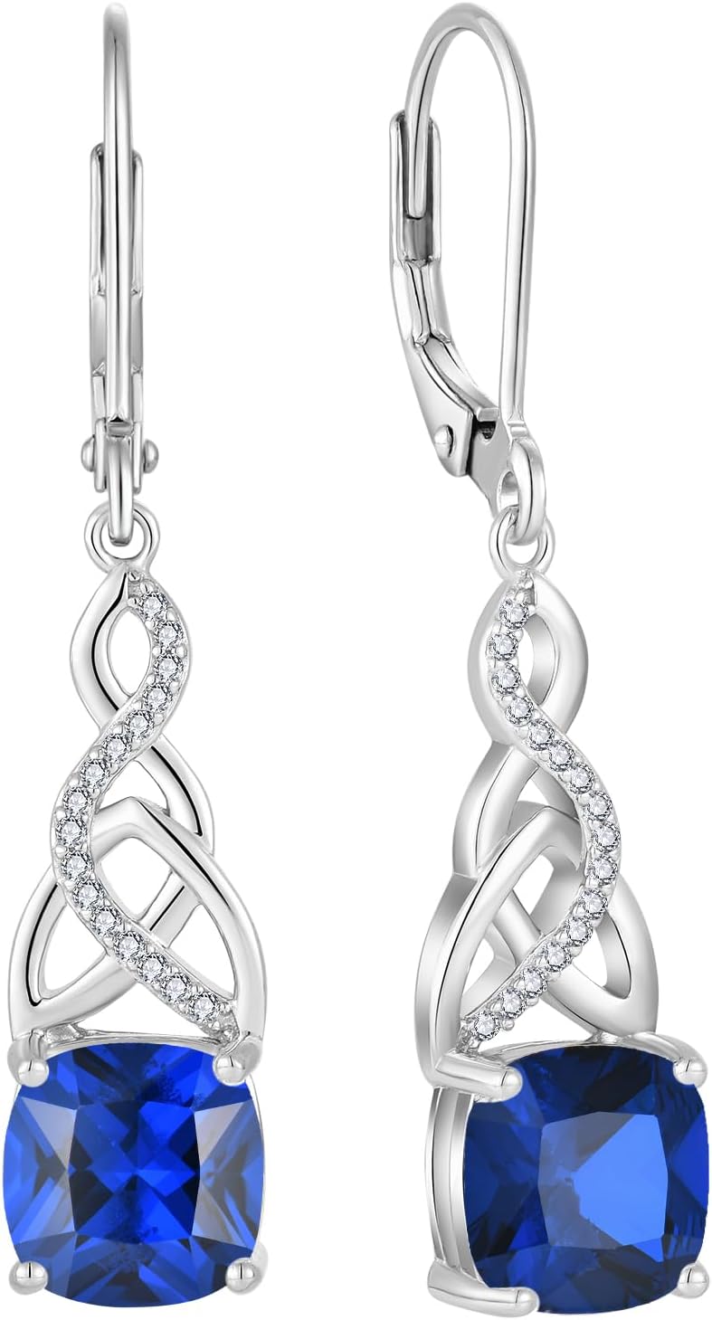 Infinity Celtic Knot Dangle Drop Earrings 925 Sterling Silver Princess Cut Leverback Earrings with Birthstone Irish Jewelry Gifts for Women
