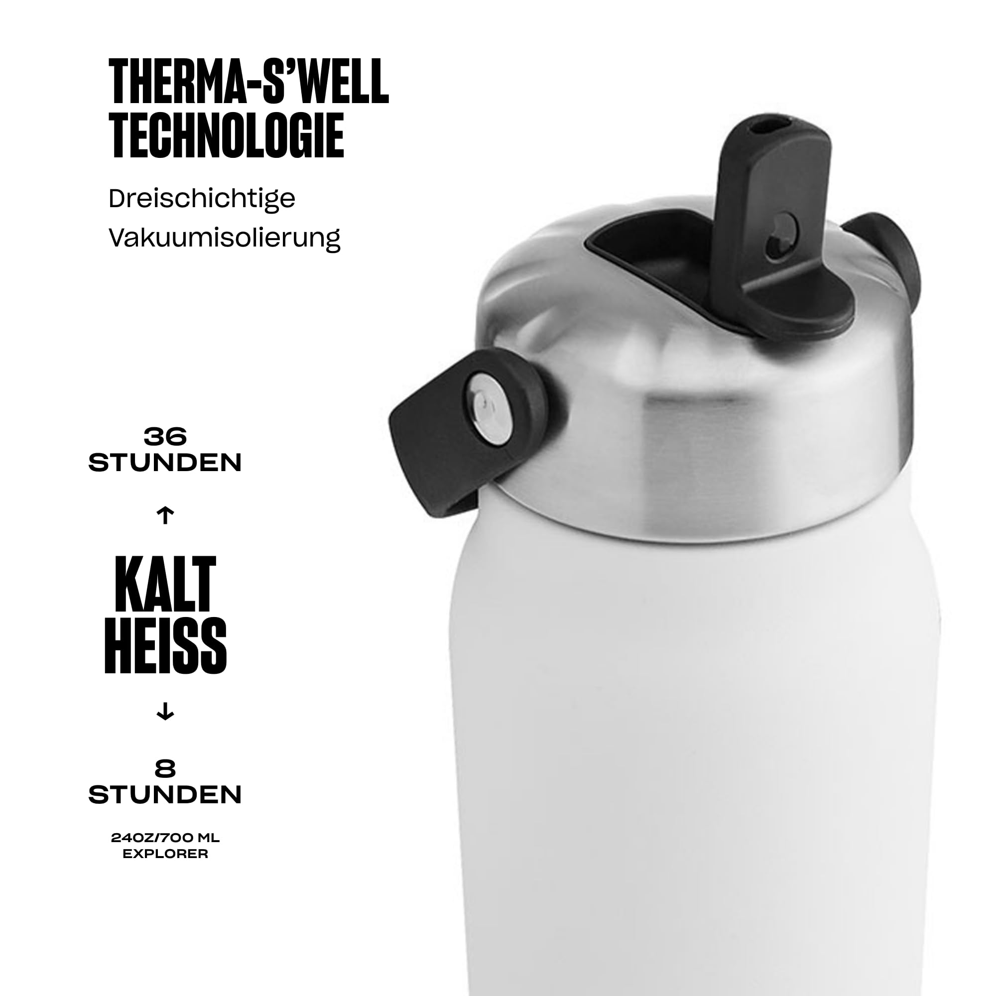 S'well Explorer Flasche aus recyceltem Edelstahl mit Klapp-Trinkhalm-Deckel, 700 ml, Stil weißer Mondstein, dreilagiger, vakuumisolierter Behälter, hält Getränke 36 h kalt und 8 h heiß, BPA-frei