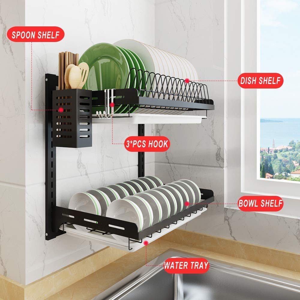 Scolapiatti da parete in acciaio inox da cucina per piatti, ciotole e vassoi, soluzione salvaspazio per un'asciugatura efficiente dei piatti e nization