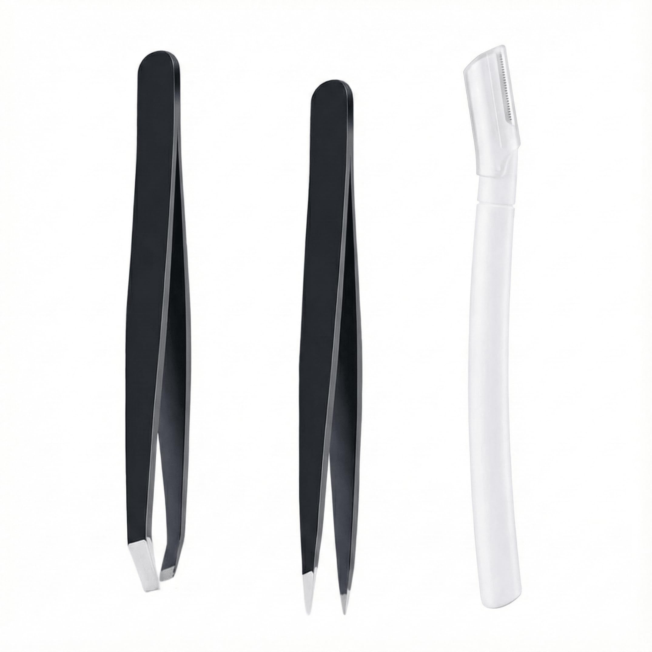 Light Eyebrow Tweezers & Razor Set – 2 Tweezers + 1 Eyebrow Razor, Simple Brow Grooming Kit