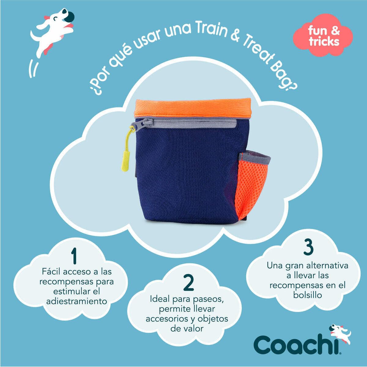 Coachi Train & Treat Saszetka na przysmaki | Granatowy/Koral | Kieszeń na zamek, zamknięcie ze ściągaczem, zaczepy do paska, pasa spodni lub kieszeni. Idealna na spacery z psem i treningi