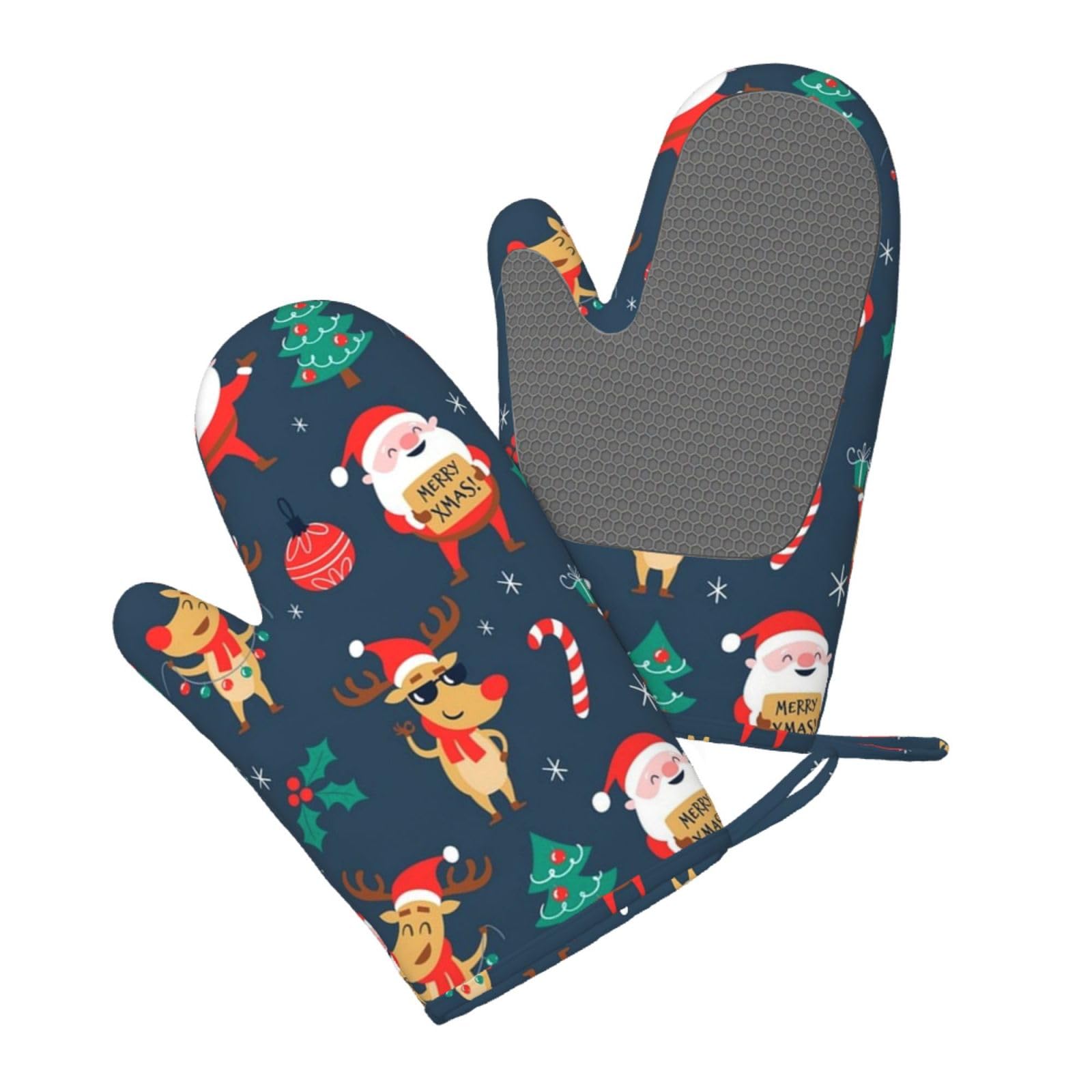 Aqrjlpo Women's Santa Claus Christmas Silicone Oven Mitts Set 2Pcs, Printed Heat Resistant Non-Slip Silicone Oven Gloves For Kitchen Cooking Baking Microwave