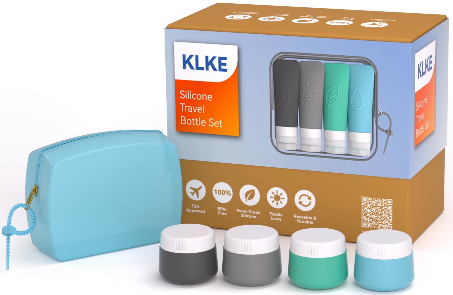 KLKE 23-Piece All-in-One Silicone Travel Bottles Set – TSA Approved Leakproof Toiletry Kit with Double Bags, Flat Easy-Squeeze Bottles with Tactile