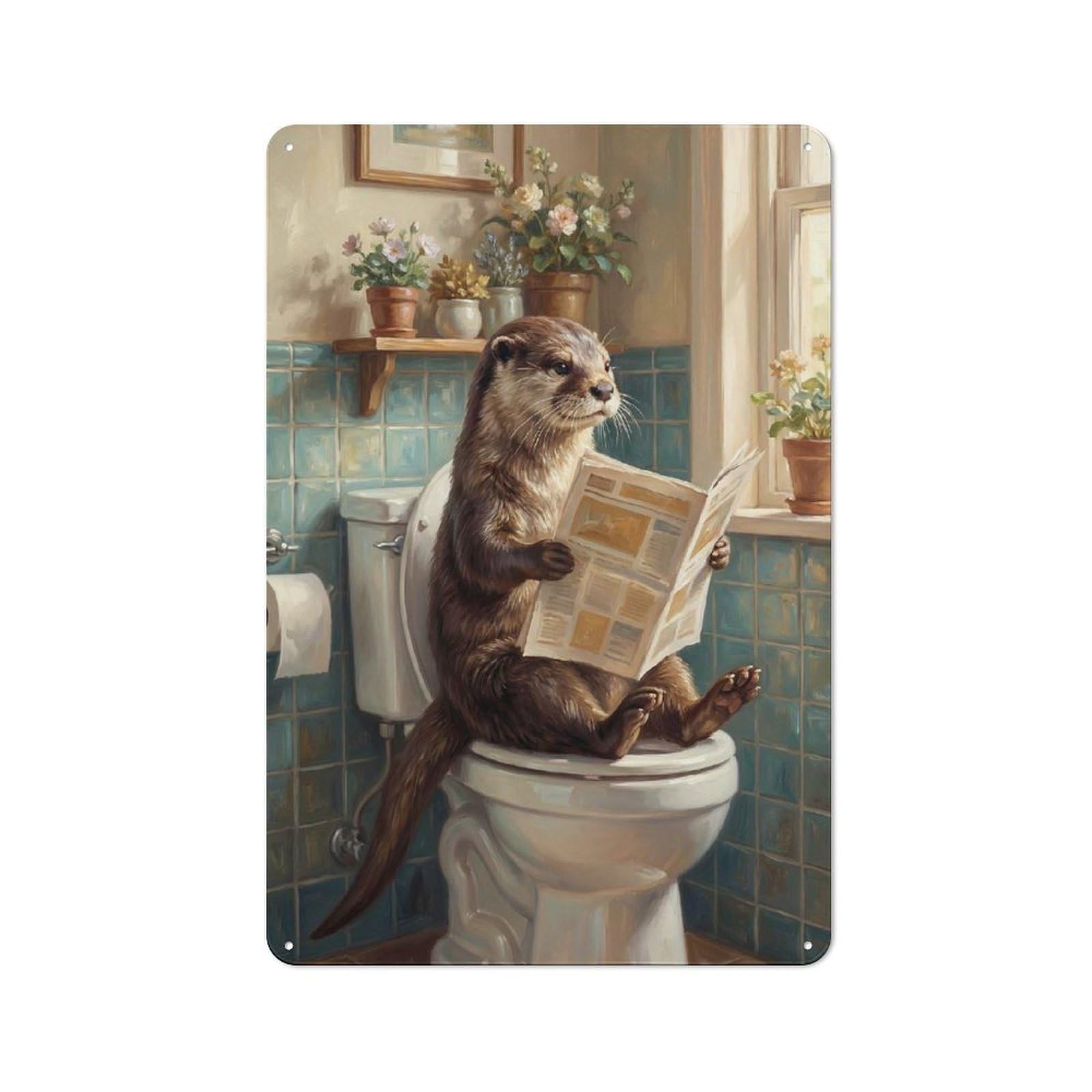 Junmoney Style-8 Retro Retro Metal Sign 30X20cm Featuring Otter Reading Newspaper On Toilet, Garage Wall Decor For Garage, Hobby Room, Office Or Man Cave