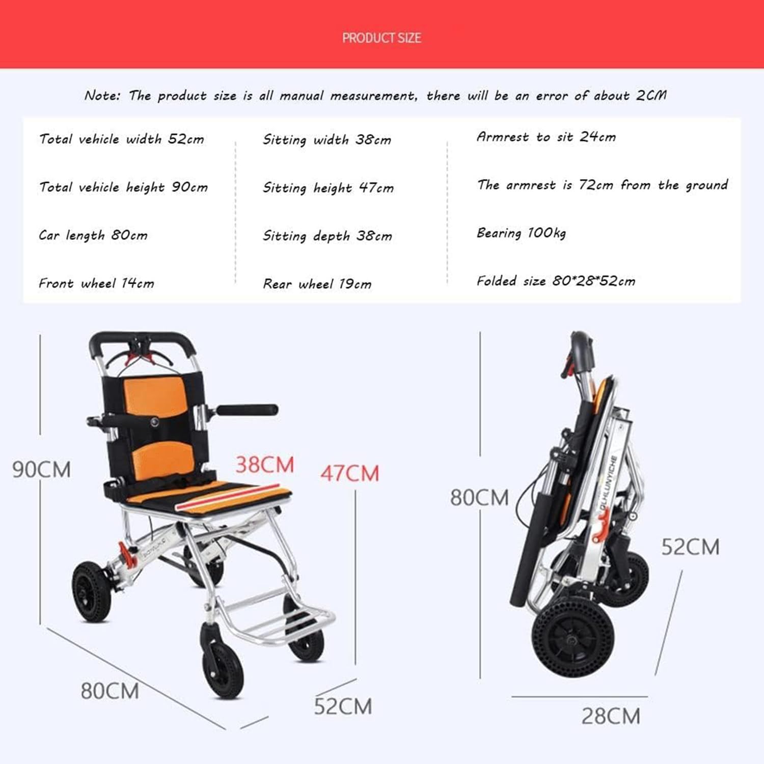 Silla de Ruedas Silla de Ruedas Plegable Ultraligera Silla de Ruedas de Transporte portátil Silla de Ruedas de Viaje de Aluminio Ligera para Personas Mayores Silla de Transferencia