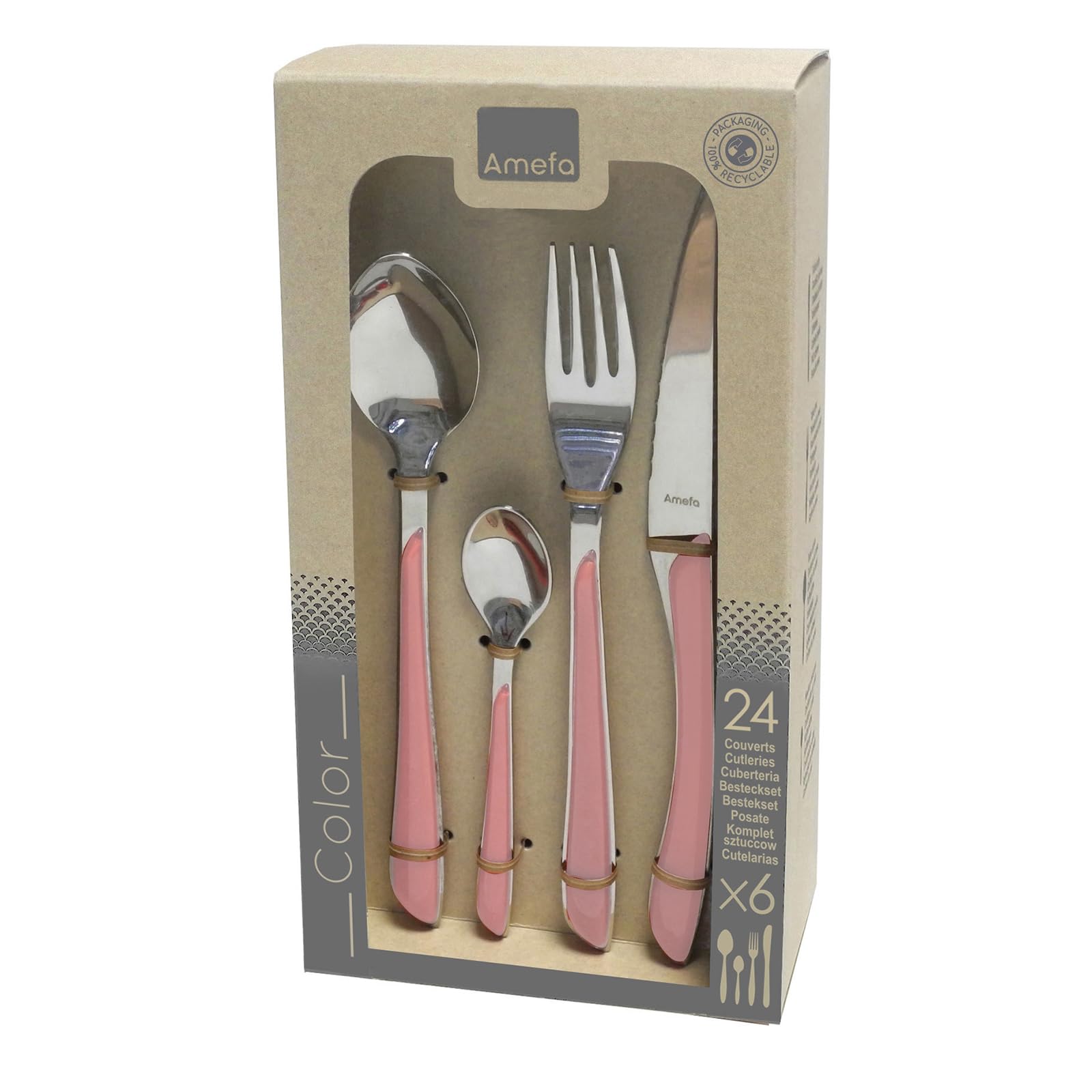AMEFA - Ménagère 24 couverts de table pour 6 personnes - Eclat Pastel - Acier inoxydable 18/0, Finition Brillante - Rose